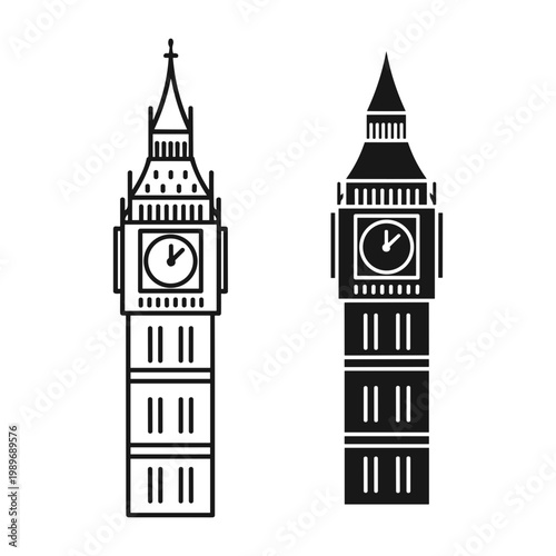 Big Ben clock tower silhouette set outline and solid styles, white background
