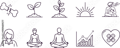 Health and wellness concepts with broken bone, plant growth, sunrise, meditation and financial growth icons.