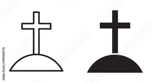 Grave cross silhouette set outline and solid styles, white background