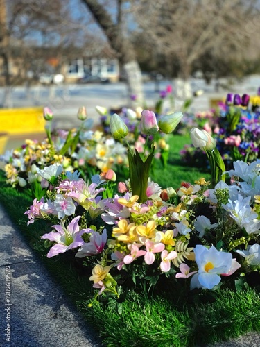 Decorative spring flower bed with lilies and tulips in a city park.