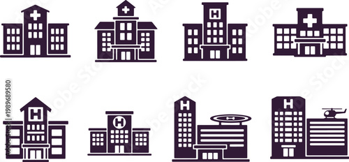 Modern hospital buildings and medical facilities icons with helipad and helicopter for healthcare services.
