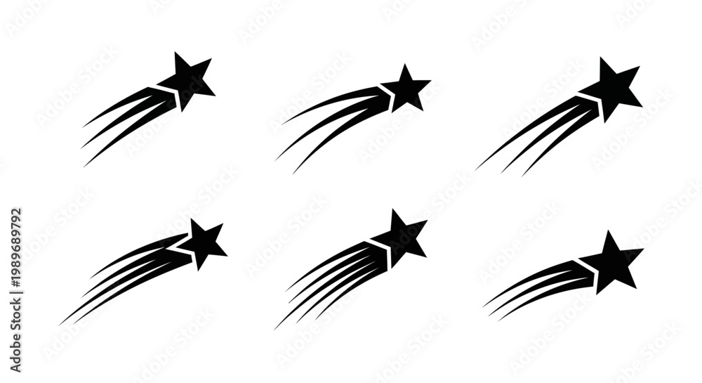 Obraz premium Collection of six black shooting star icons on a white background
