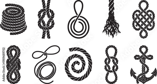 Black Rope Knot Vector Set Featuring Nautical Marine Knots Anchors Spirals And Decorative Twine Elements For Maritime Design And Sailing.