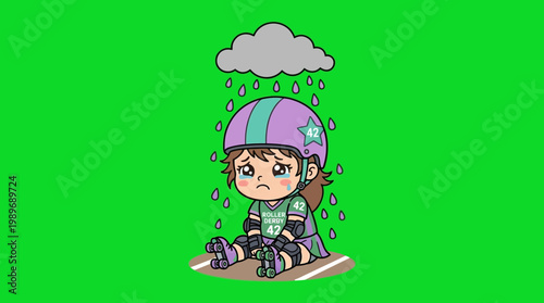 Sad Cartoon Skater Sitting Under Rain Cloud with Tears.