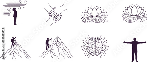 Mindfulness icons meditation yoga climbing mountain brain and strong person silhouette.