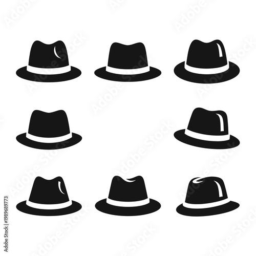 Collection of Black Fedora Hats Icon Set, Vintage Style Fashion Accessories