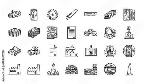 Timber wood 15 icon set lumber plywood industry outline vector