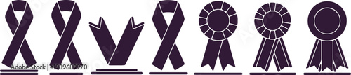 Collection of purple ribbons and rosettes awards and recognition symbols for awareness campaigns.