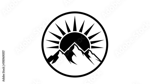 Sunrise Over Mountain Peaks in Circle Logo Emblem