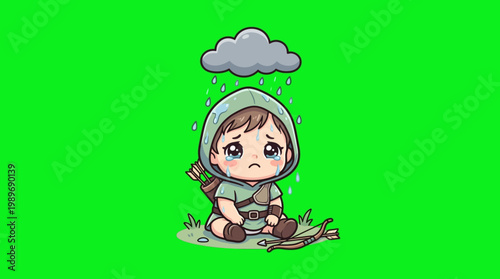 Sad Cartoon Child Sitting in the Rain with a Bow and Arrow.