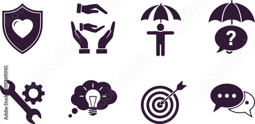 Collection of icons representing safety security ideas inspiration and communication business symbols.