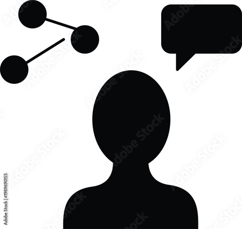 Art & Illustration, Solid black vector illustration of multiple user avatars with a speech bubble and network connections. Represents online communities and team collaboration.