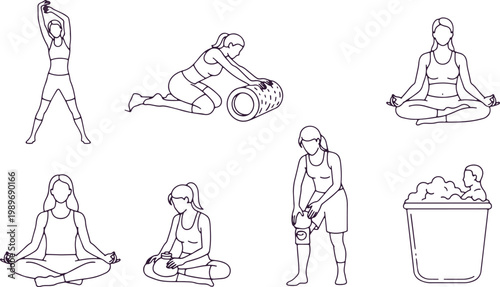 Set of line art illustrations of women doing yoga and fitness exercises on a transparent background.
