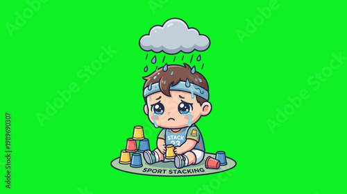 Sad Cartoon Child with Cloud Crying Binary Code Rain on Green Background.