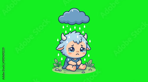 Sad Cartoon Creature Crying Under a Rain Cloud with Tears and Sadness 1.