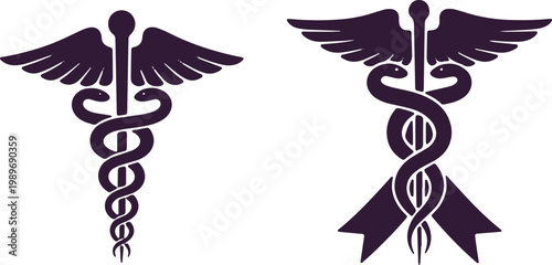 Caduceus and Rod of Asclepius medical symbols wing and snake entwined staff healthcare emblem.