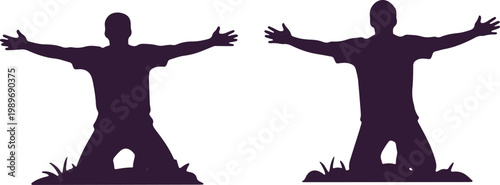 Man kneeling with arms outstretched in open gesture of praise worship or surrender isolated silhouette.