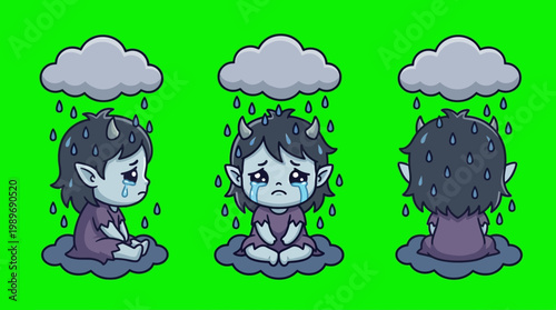 Sad Cartoon Demon Characters with Rain Clouds and Tears on Green Background.