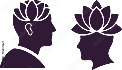 Profiles of two heads with lotus flower design representing enlightenment mindfulness and inner peace.