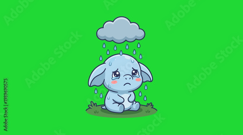 Sad Cartoon Elephant Sitting Under Rain Cloud with Tears.