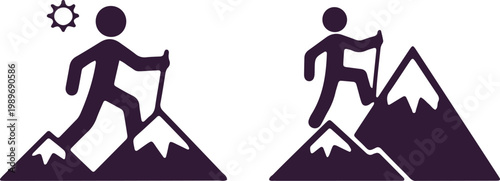 Hikers climbing mountains with poles and sun isolated on checkered background vector icon.