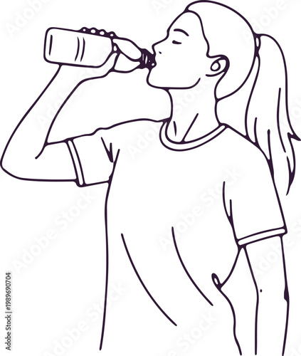 Woman drinking water from bottle for hydration and health icon.