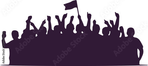 Crowd of protesters with raised fists and a flag protesting for rights and change.