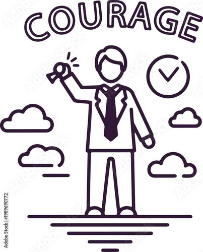 Man with microphone speaks courageously on podium with clock and clouds.