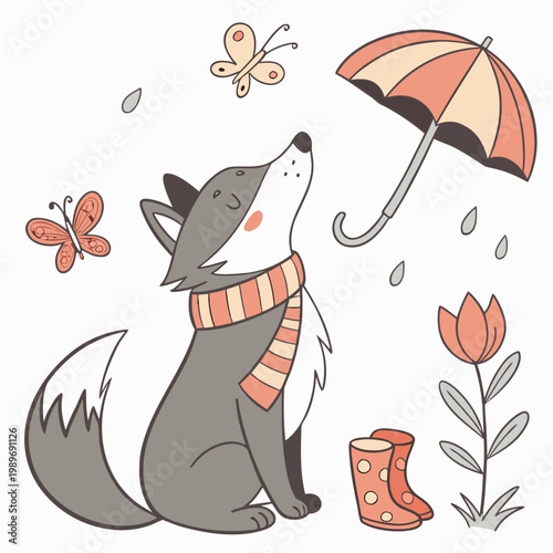 Bashful Wolf with with a scarf, set in a charming Spring theme – Blooming Renewal color vector art