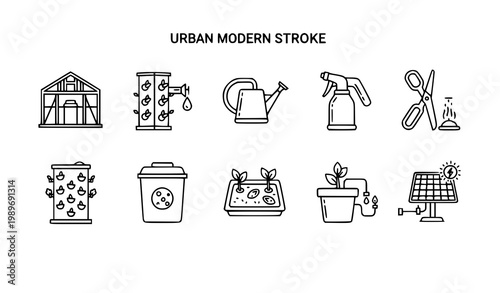 Modern urban farming thin line icons vector set with greenhouse equipment irrigation and eco gardening tools