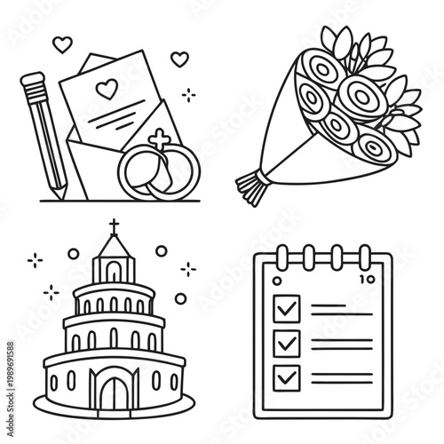 Wedding planning and marriage ceremony icons