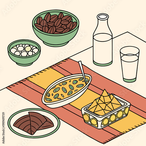 Middle eastern food spread on table with pastries