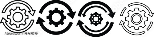 Sync Process Workflow Icon Set – Productivity, Settings, Gear Wheel Arrows, System Update Symbols Vector