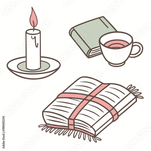 A vector graphic illustration of a cozy reading setup with a candle, tea, and books