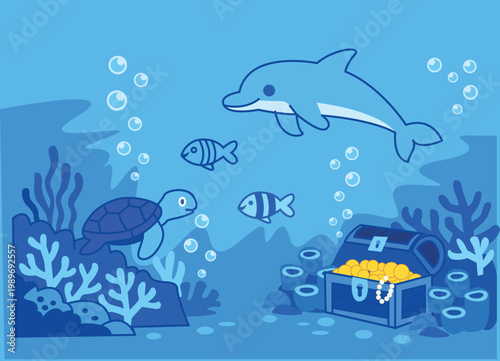 Underwater Ocean Scene with Dolphin Fish Coral Reef Treasure Chest Blue Marine Life Illustration Vector