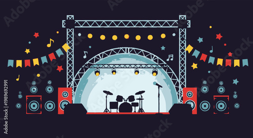 Flat design illustration of a music festival stage with drum kit, speakers, microphone and colorful bunting for concert event background