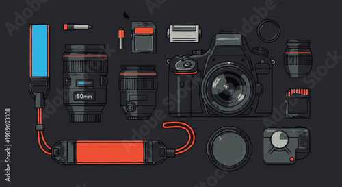 Flat lay illustration of a professional digital camera kit with lenses, memory cards, and accessories on a dark background.