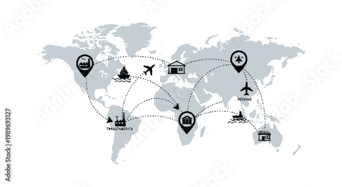 Global Logistics and Supply Chain Network Concept with World Map and Transport Icons for International Trade