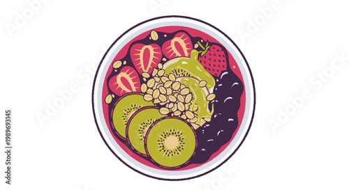 Healthy Fruit Smoothie Bowl Illustration with Sliced Kiwi, Strawberries, Blueberries, and Granola Topping