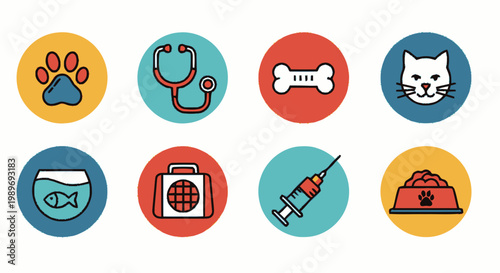 Set of Veterinary and Pet Care Icons in Flat Design Featuring Paw, Stethoscope, Bone, Cat, Fishbowl, Pet Carrier, Syringe, and Food Bowl