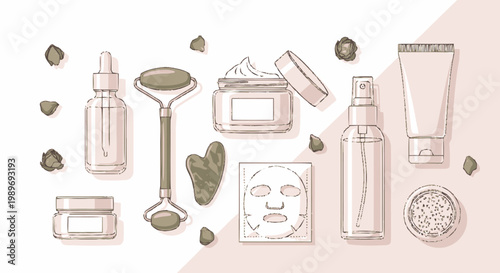 Vector illustration of a skincare routine set including jade roller, gua sha tool, face cream, serum, sheet mask and rose petals for beauty and wellness concepts.