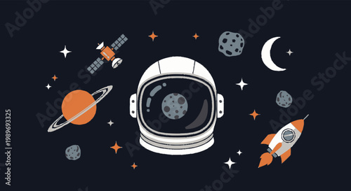 Space Exploration Vector Illustration with Astronaut Helmet Rocket and Planets in Cosmic Night Sky