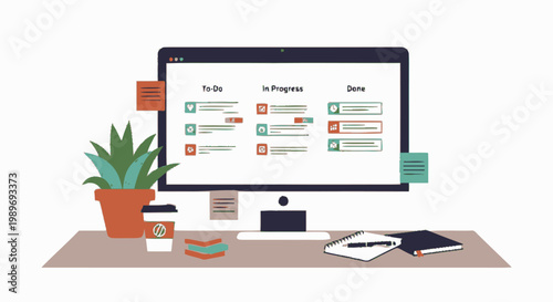Digital Kanban Board on Computer Screen for Project Management and Task Tracking in a Modern Workspace Illustration
