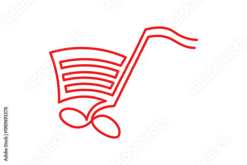 Red shopping cart outline with abstract wheels on white background, trolley basket