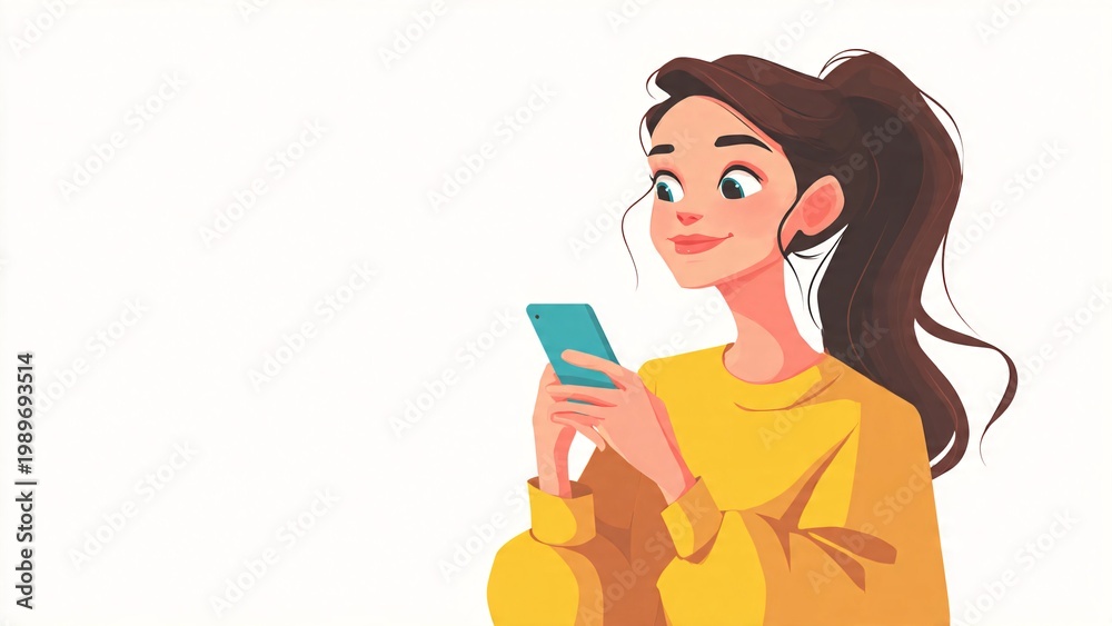 Fototapeta premium Smiling young woman holding a smartphone and looking away with interest