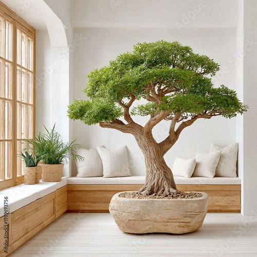 Japandi style biophilic interior design with a large bonsai tree in a rustic stone pot creating a serene focal point in a sunlit reading nook with a wooden window bench, representing mindfulness and s
