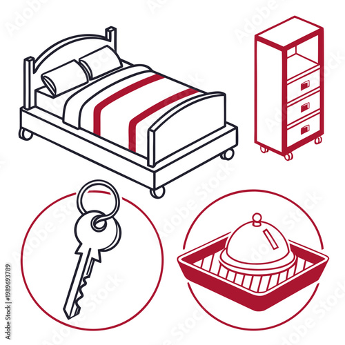 A vector graphic illustration of hotel amenities including a bed, dresser, key, and food tray