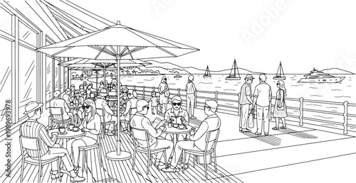 Black and White Line Art Illustration of a Waterfront Outdoor Cafe Terrace