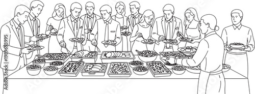 Black and White Line Art Illustration of People at a Buffet Table