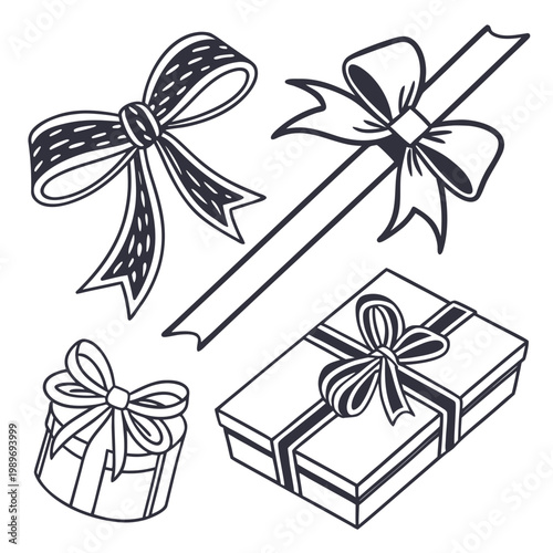 A set of gift boxes and bows in a minimalist line art style